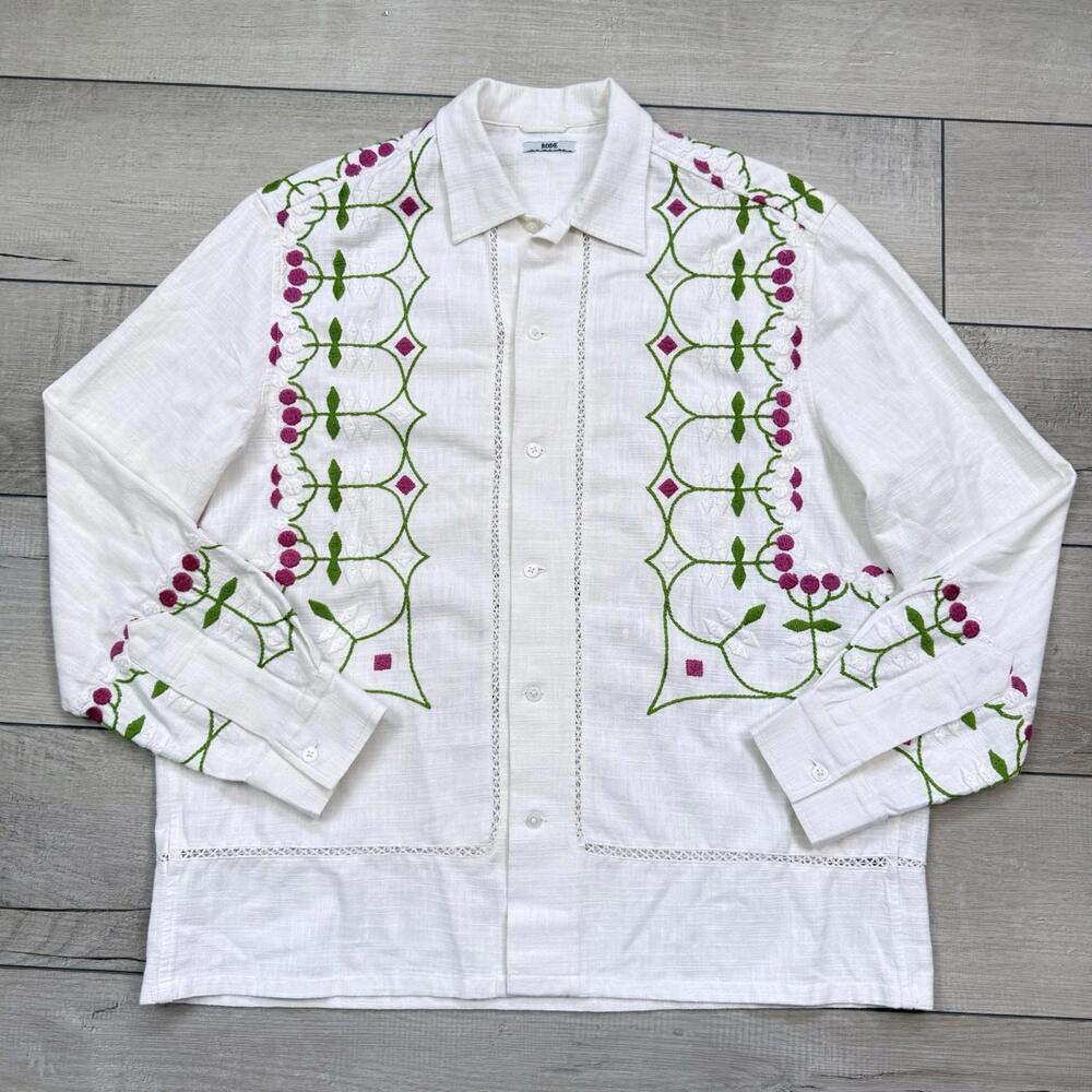 BODE Mens White Embroidered Nouveau Fleur Shirt Size L/XL plain-woven linen Boho